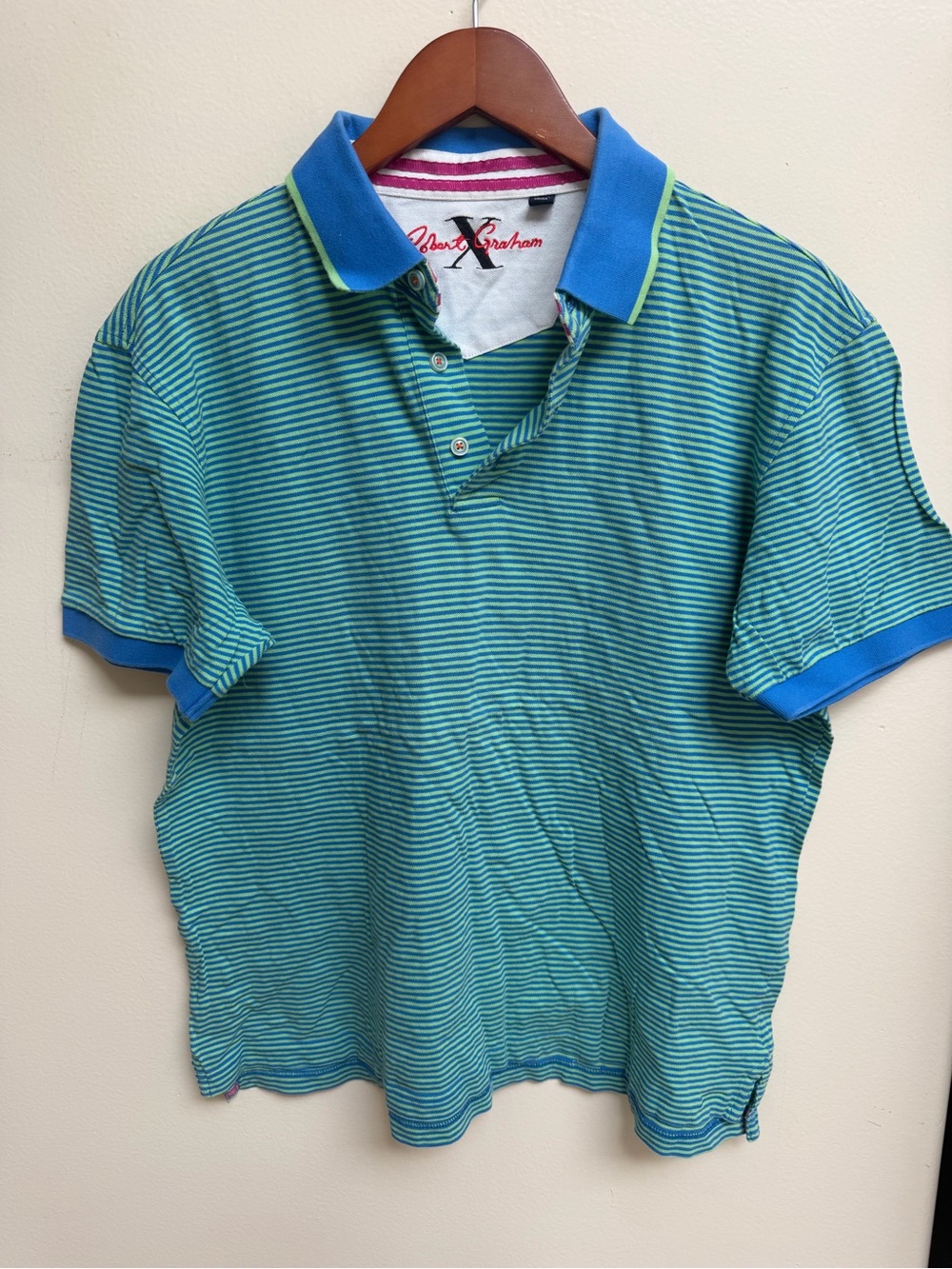 Robert Graham Teal and Blue Striped Polo with Contrast Collar